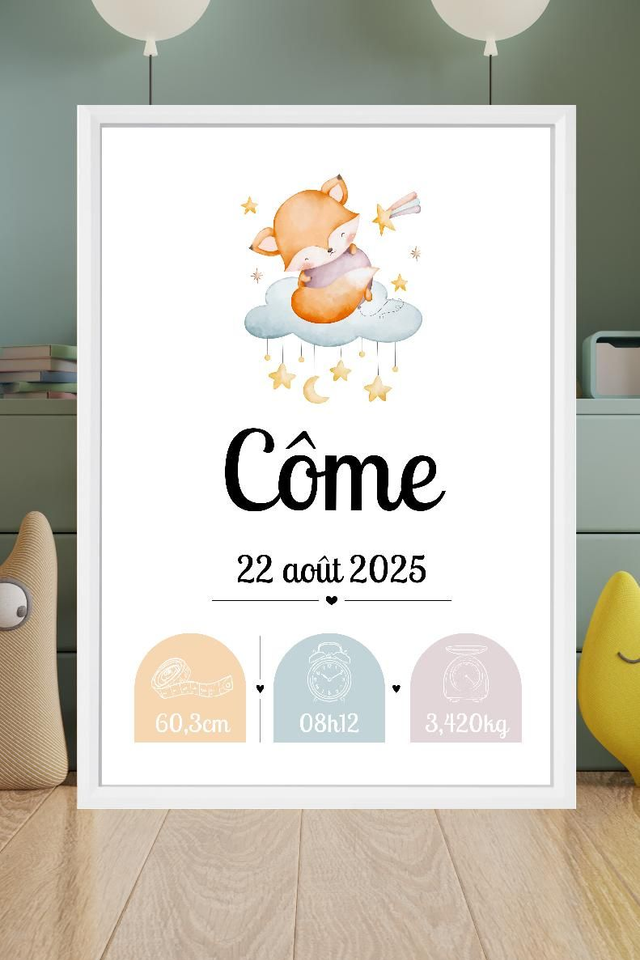 Toile de naissance personnalisée encadrée – Cadeau de naissance unique – Décoration chambre bébé – Souvenir doux et poétique