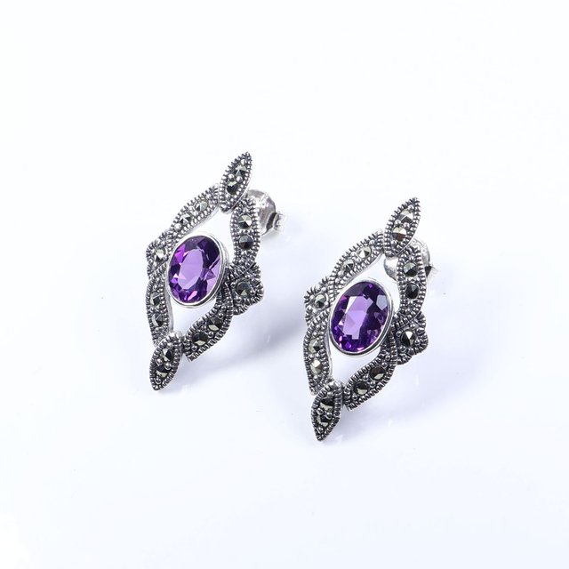 Art Deco Style Sterling Silver 925 Oval Cut 1ct Rich Deep Purple Amethyst Marcasite Gemstone February Birthstone Diamond Shape Design Stud Earrings