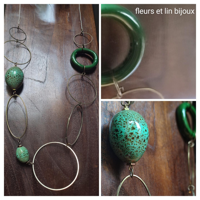 Z- Sautoir céramique et pierres naturelles kaki/turquoise, anneaux en bronze monté sur fil de lin réglable 