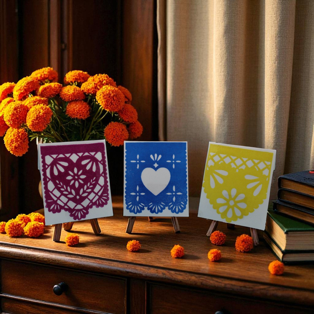 Marque-pages aimantés "Papel Picado" - Trio (Cœurs Azul, Amarillo et Rojo) 