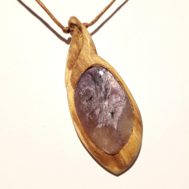  Charoite Necklace with Mother of Pearl caboshon & Hand Carved Palo Santo Wood 