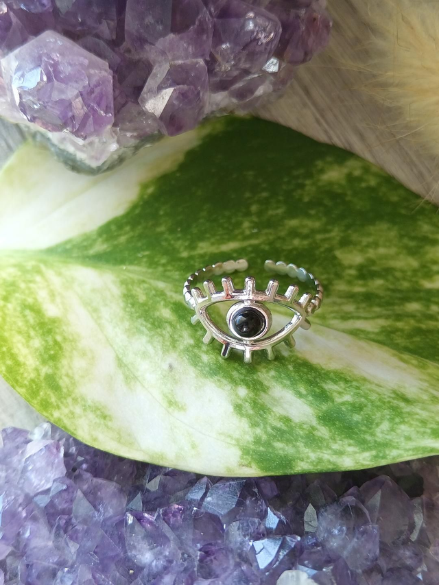 Bague ajustable acier, agate noire