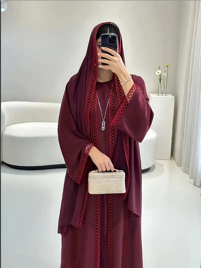 Women Elegant Maroon Abaya with Lace Trim