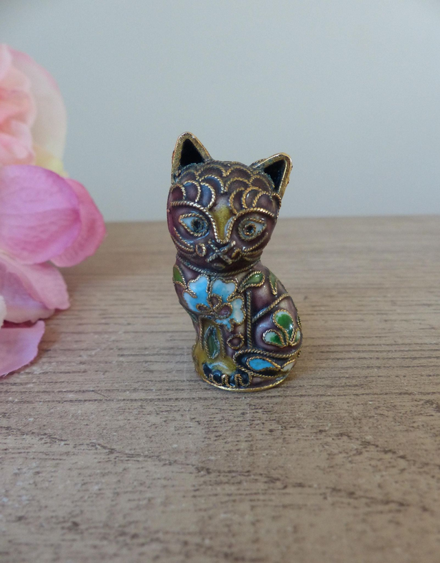 Figurine miniature de chat cloisonné marron vintage, sculpture de chat fabriqué à la main avec émail et motif floral, cadeau collection