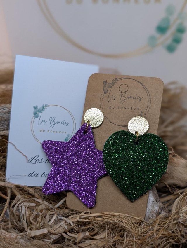 Boucles d'oreilles Asymétrique violet vert paillettes bm034