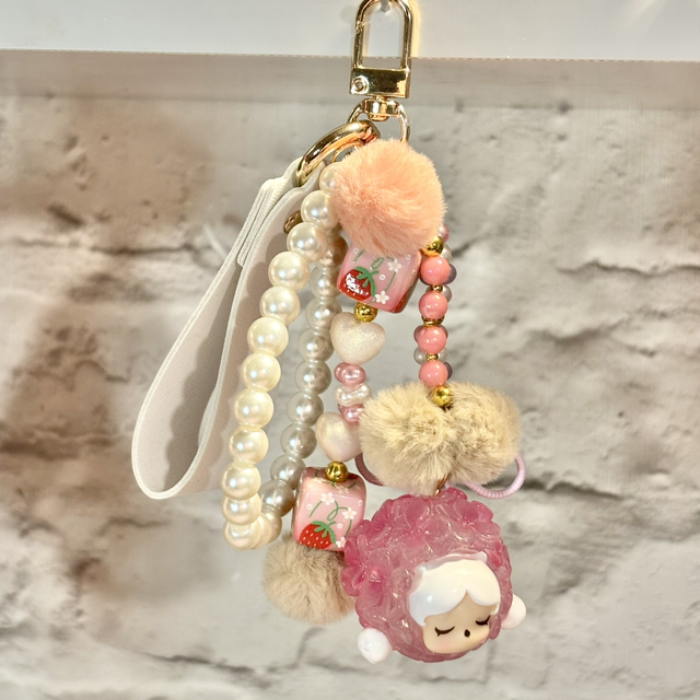 Skull Panda inspired beaded keychain Pink figure head with white fob