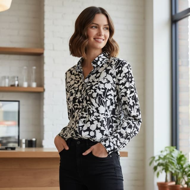 Chemise Emma Ella à Motif Floral Noir et Blanc - Blouse Chic Femme