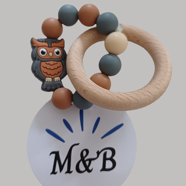 🔸 Anneau de dentition bois &amp; silicone – Hibou gris 🦉