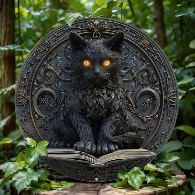 Metalen Wandbord Mystieke Kat zwart (20x20cm)