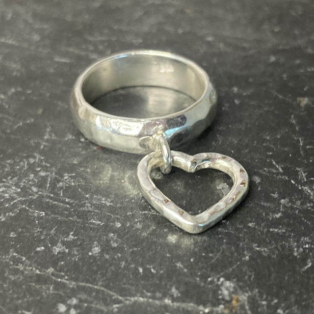 Heart Charm Ring in Solid Silver with Hammered Finish, Size Q