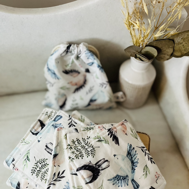 Pochon 7 lingettes lavable coton prémium/éponge bambou &quot;Oiseaux&quot;
