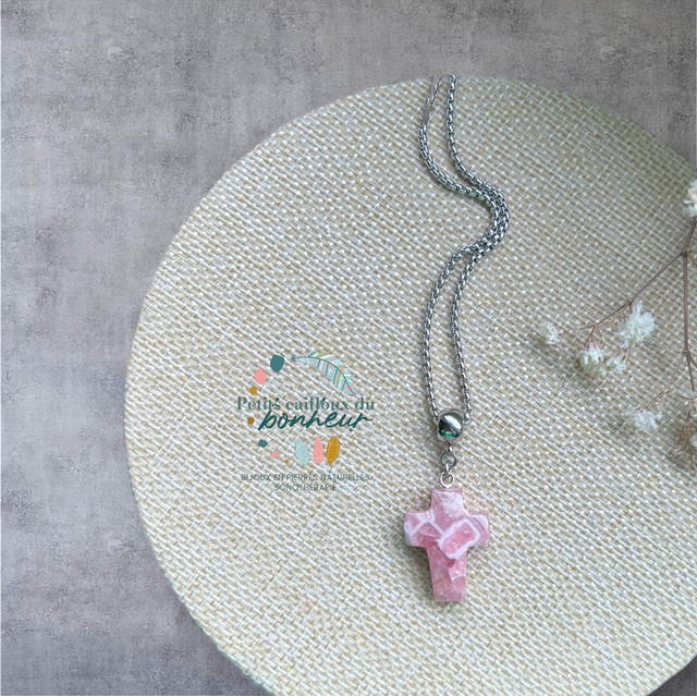 Collier Rhodochrosite croix – Pierre naturelle