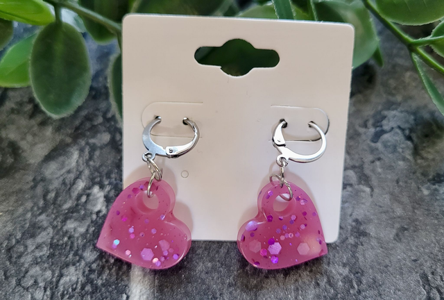 Earrings | Pink Glitter Hearts | Stainless Steel Hoops