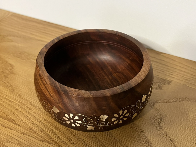 Refurbished Sheesham Wood Bowl with Brass Inlay.