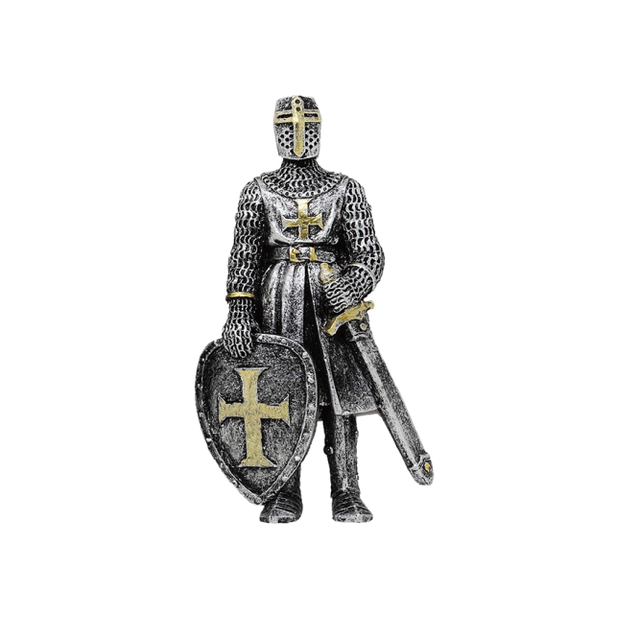 Chevalier argenté épais à droite et bouclier à gauche en bas