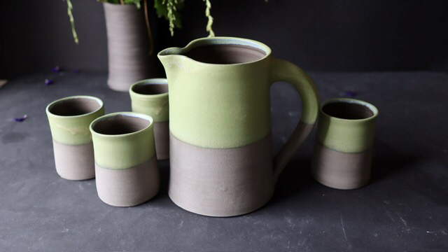 Beautiful Wine Serving Set in forest colors, Pottery