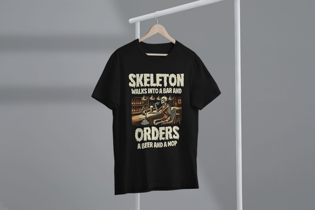 Skeleton Walks Into A Bar And Orders A Beer And A Mop Jokes. Skelett geht in eine Bar und bestellt ein Bier und macht Witze