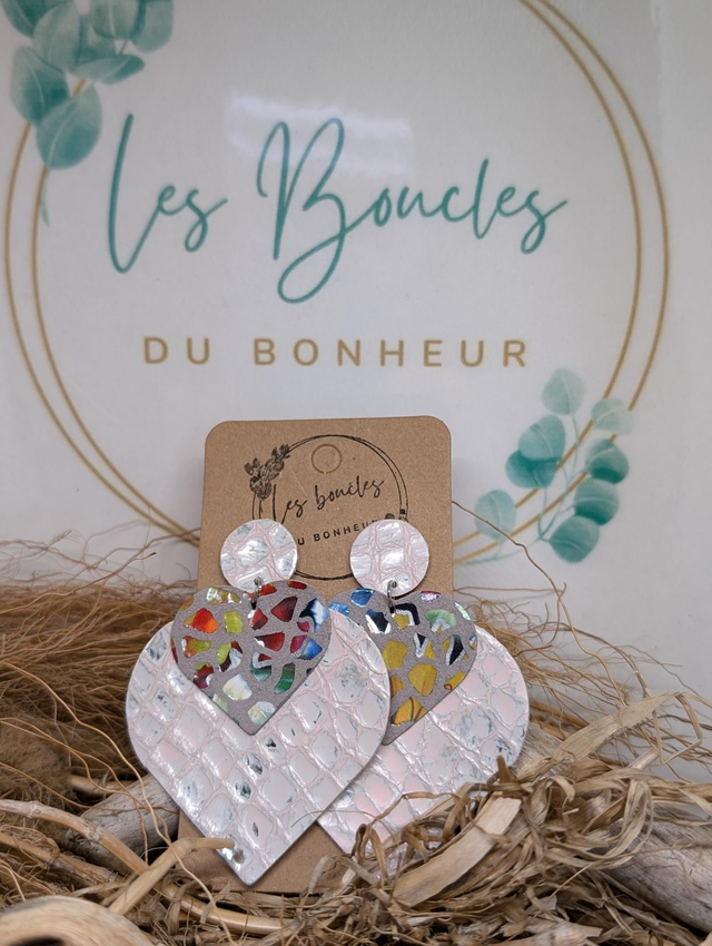 Boucles d&#039;oreilles Double coeur blanc multicolore dc065