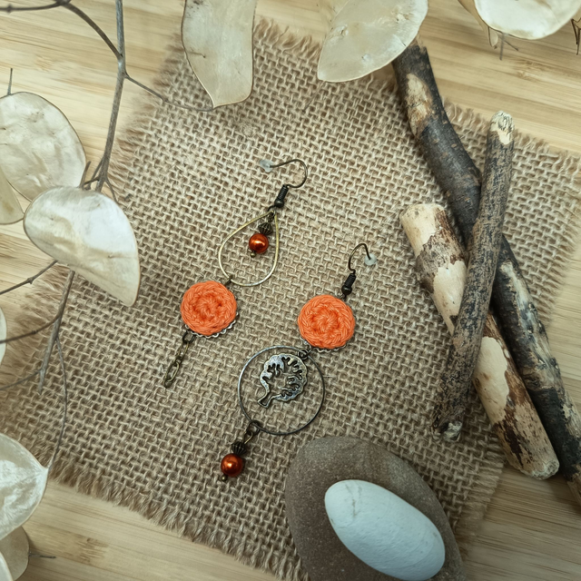 Parure orange et bronze 3 - Boucles d'oreille asymétriques orange