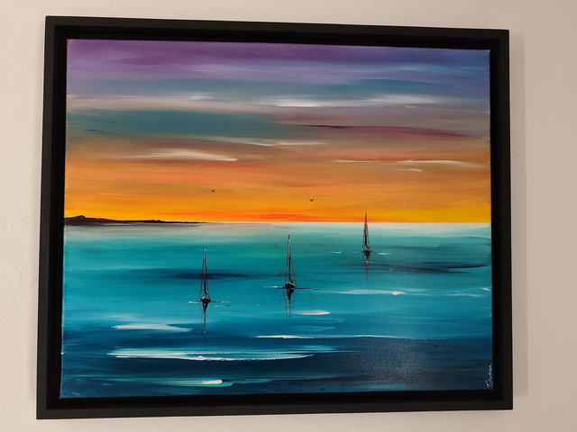 tableau Moderne abstrait - art contemporain - marine colorée bateaux voiliers - avec encadrement