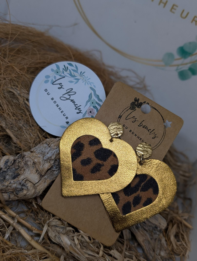 Boucles d&#039;oreilles Double coeur doré léopard dc111