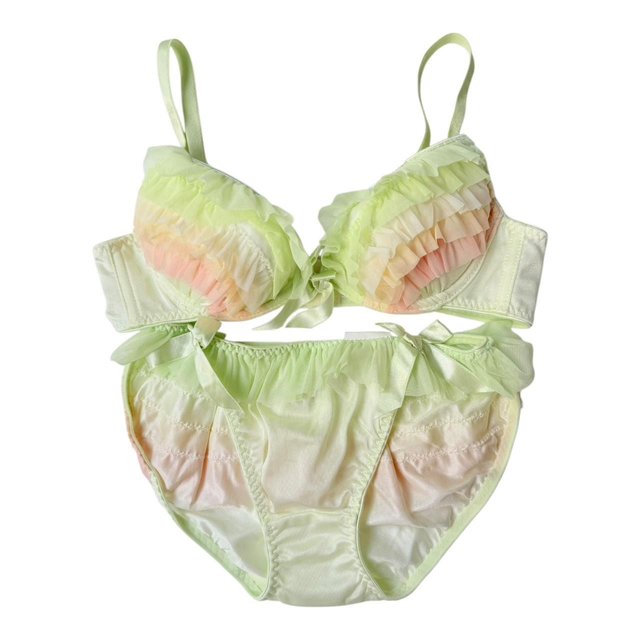 Green multicolour frill Japanese Bra and Underwear set UK 32D, 32A