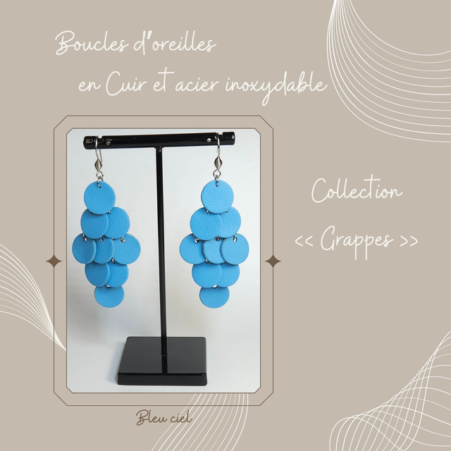 Boucles d&#039;oreilles Grappe en cuir - Bleu ciel