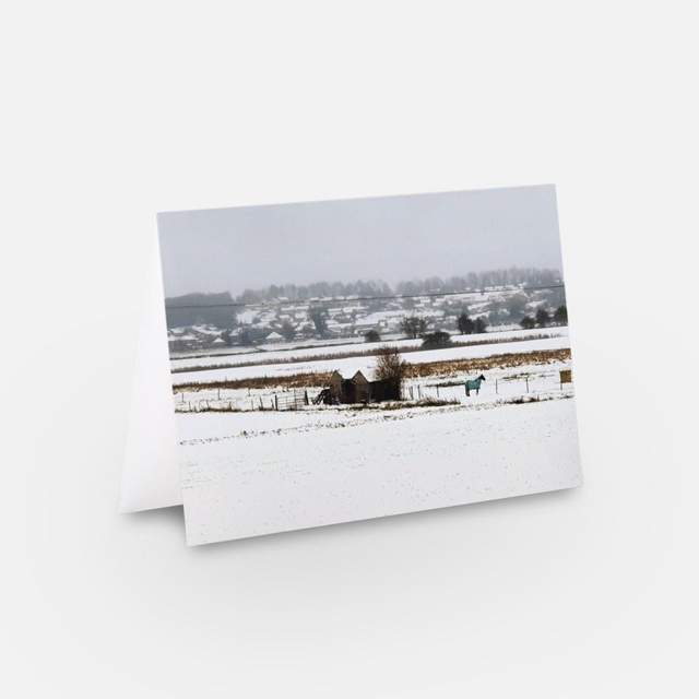 Snow covered fields landscape horse Christmas card