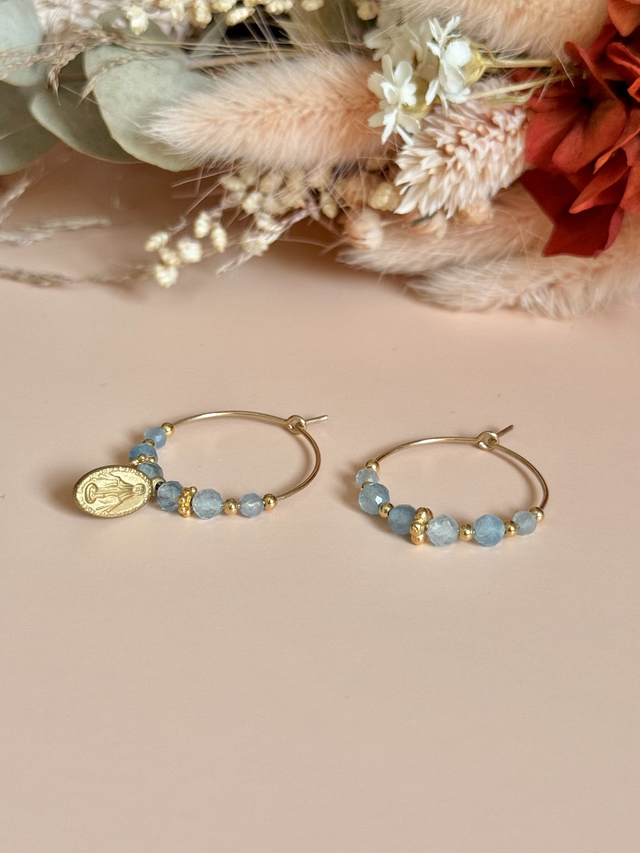 Créoles &quot;Médaille Miraculeuse&quot; Aigue Marine, Collection &quot;Sacrée&quot;