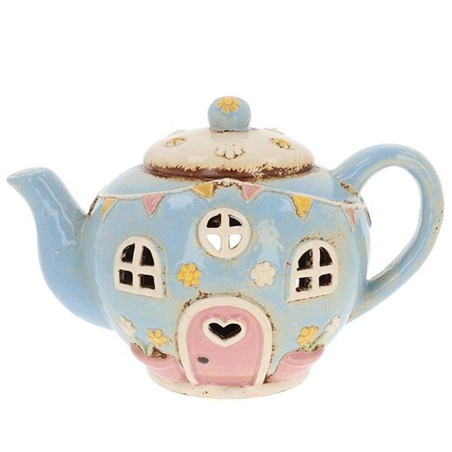 Village Pottery Teapot House Tealight Holder – Hand-Painted Ceramic