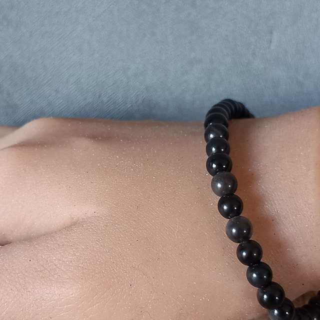 Bracelet ajustable en Obsidienne argentée