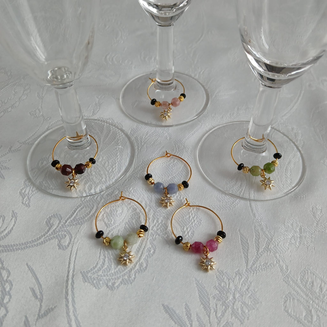 Wijnglas Markeerders (set van 6) met Onyx, Watermeloen Toermalijn en Sterbedel met Zirkonia (13.008)