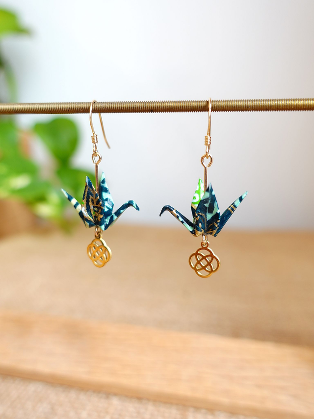 Origami oiseaux, grues / GOLD FILLED, Or laminé / Papier japonais Washi / Vert, or / Boucles d'oreilles / Bijou origami /
