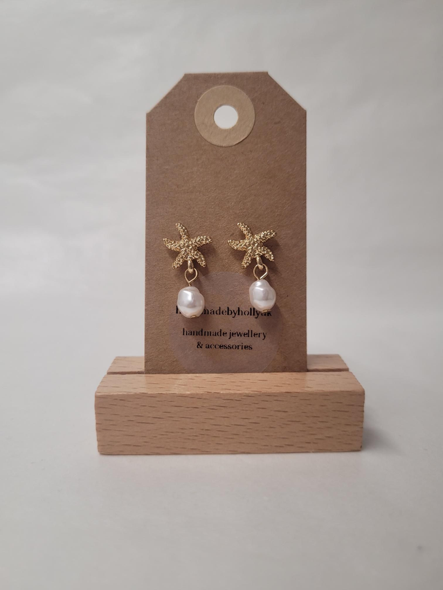 Starfish Charm Drop Stud Earrings With Pearl Bead - Gold Plated - HBH-027