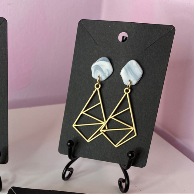White Marble Earrings With Gold Geometric Accessories 