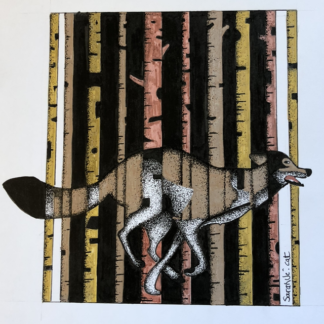 Loup au galop forêt - 22 x 22 cm - encadrement bois