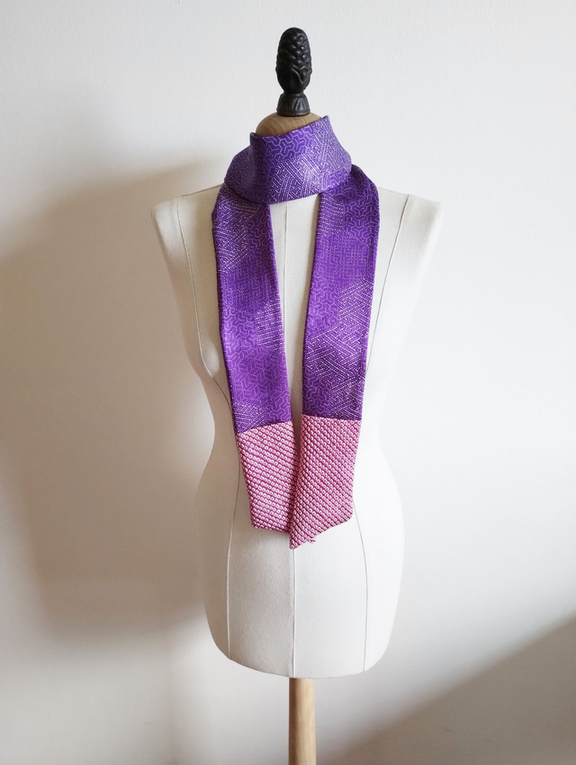 Violet and Red Violet Color Vintage Japanese Kimono Scarf, Silk Shibori Squeeze Pattern Shawl, Gift for her
