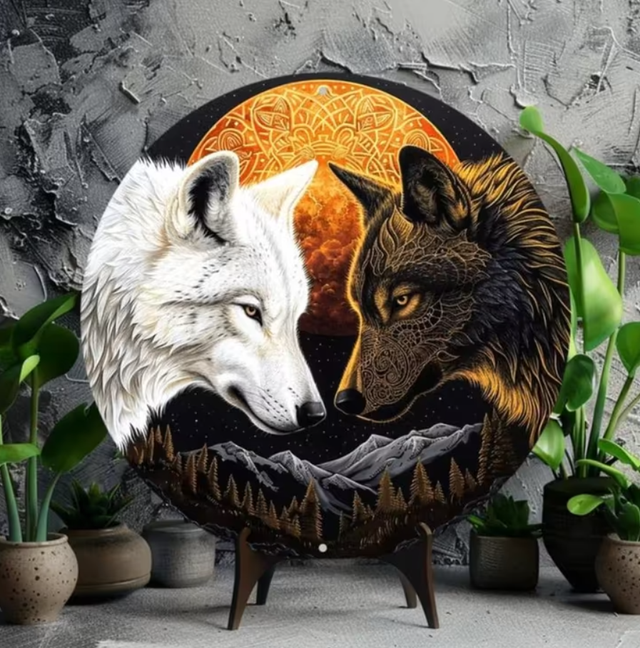 Vintage rond metalen bord Wolven licht en donker (20cm)