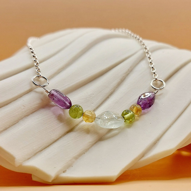 Sterling silver chain bracelet with Amethyst, Peridot, Citrine &amp; Aquamarine beads 