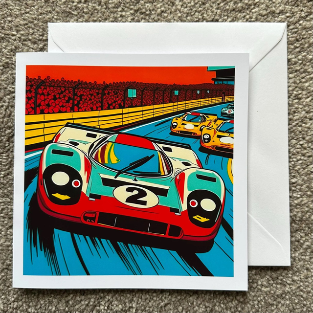 Porsche 917 Pop Art Greeting Card - Retro Race Car Lover's Gift, Vibrant Art Print, Unique Stationery for Auto Fans & Collectors