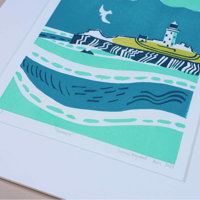 Godrevy Lighthouse Linocut Print - framed