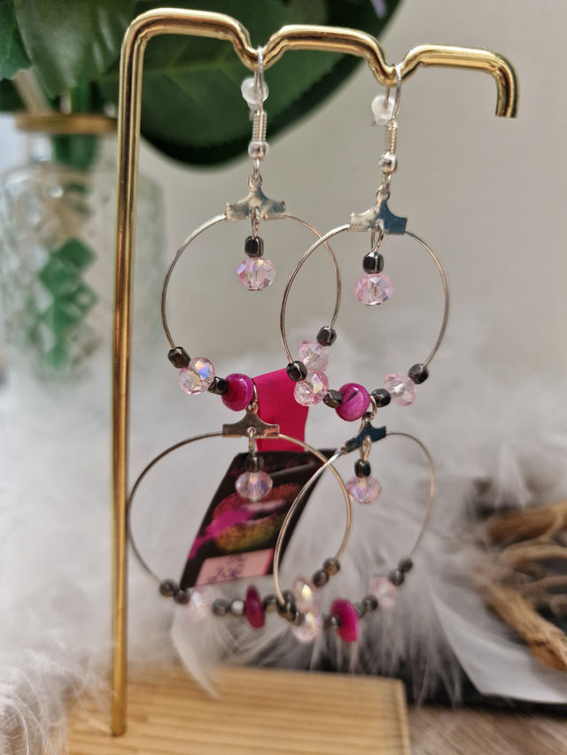 Boucles D'oreilles Creoles Pendentes Argentées Perles De Verre, Hematite et Coquillages