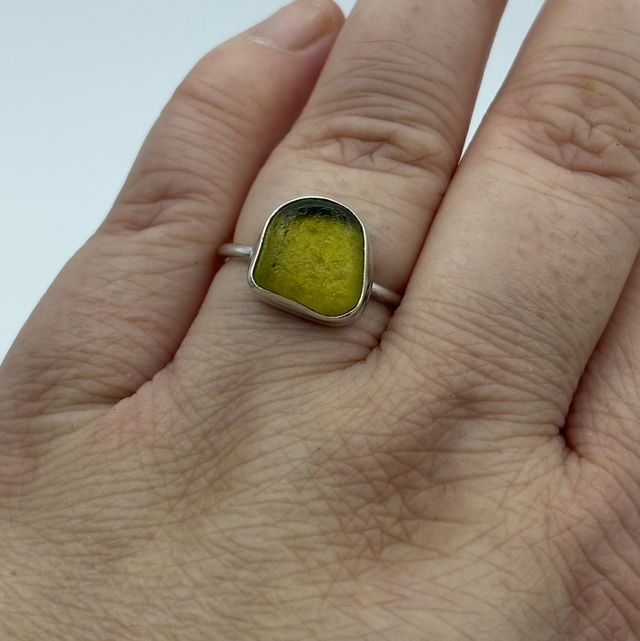 Khaki Seaglass & Recycled Silver Ring Size N