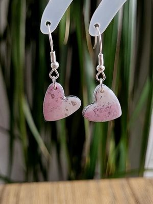 Drop Earrings - Pink with silver glitter hearts