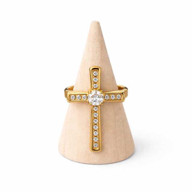 Anillo ajustable acero dorado cruz 