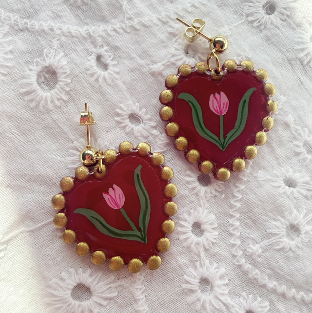 Red Heart Romantic Pink Tulip Earrings 