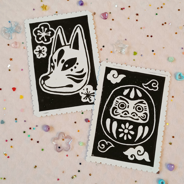 Japanese culture linocut prints