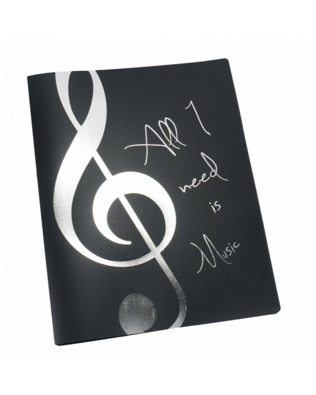 Porte vue A4, 20 pochettes, coloris noir avec clé de sol + "All I need is music"
