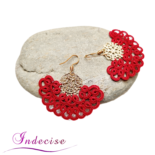 Boucles d'oreilles éventail rouge, crochets et pampilles en acier inoxydable - Créations Indecise