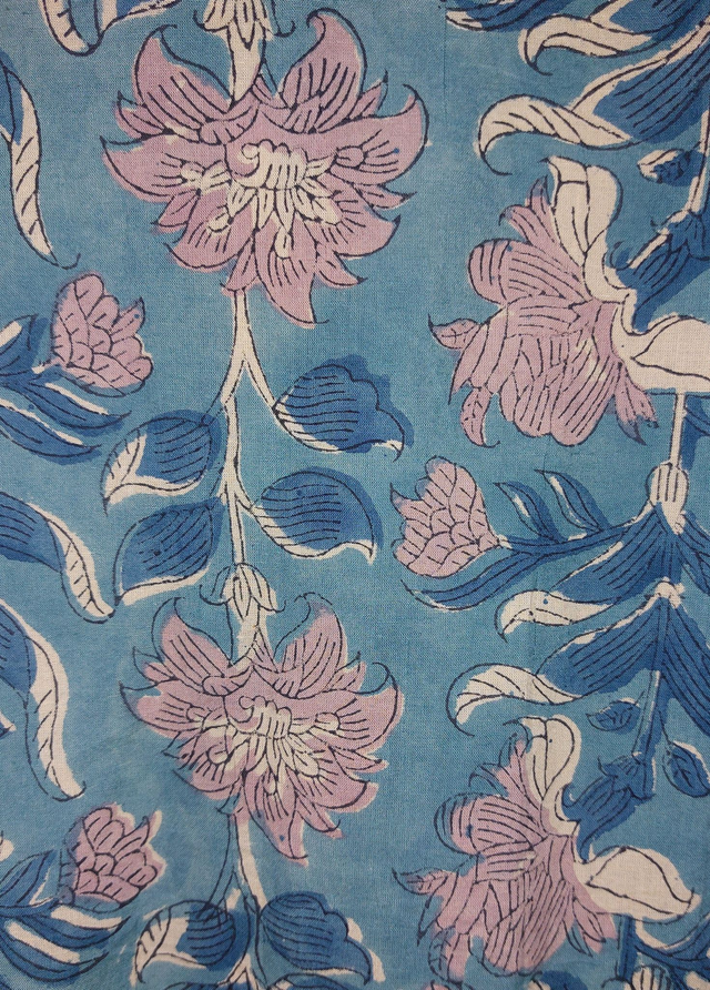 Robe kimono en coton - Peignoir, robe de chambre - Imprimé à la main, motif floral - Beige et vert - L100cm et L120cm